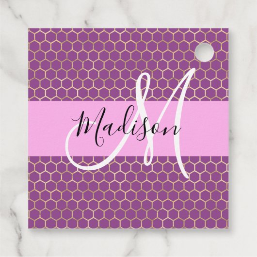 Glam Fuchsia Metallic Pink Honeycomb Monogram Naam Bedankjes Labels (Achterkant)