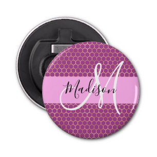 Glam Fuchsia Metallic Pink Honeycomb Monogram Naam Button Flesopener