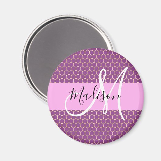 Glam Fuchsia Metallic Pink Honeycomb Monogram Naam Magneet (Voorkant / Achterkant)