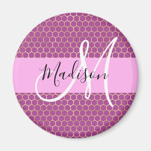 Glam Fuchsia Metallic Pink Honeycomb Monogram Naam Magneet