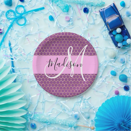 Glam Fuchsia Metallic Pink Honeycomb Monogram Naam Papieren Bordje (Feest)