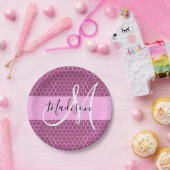 Glam Fuchsia Metallic Pink Honeycomb Monogram Naam Papieren Bordje (Feest)
