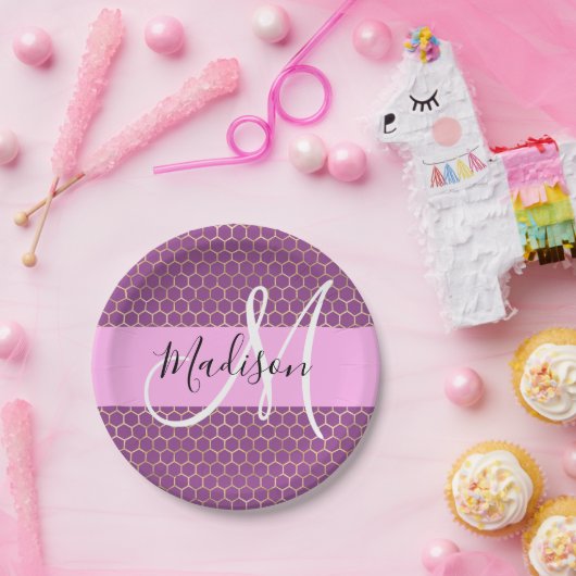 Glam Fuchsia Metallic Pink Honeycomb Monogram Naam Papieren Bordje (Feest)