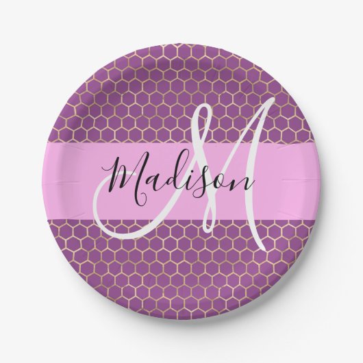 Glam Fuchsia Metallic Pink Honeycomb Monogram Naam Papieren Bordje (Voorkant)