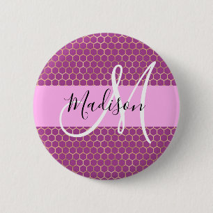 Glam Fuchsia Metallic Pink Honeycomb Monogram Naam Ronde Button 5,7 Cm