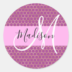 Glam Fuchsia Metallic Pink Honeycomb Monogram Naam Ronde Sticker