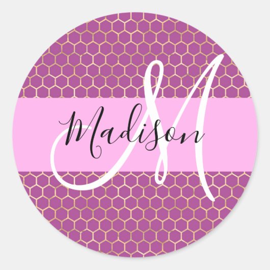 Glam Fuchsia Metallic Pink Honeycomb Monogram Naam Ronde Sticker (Voorkant)