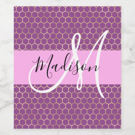 Glam Fuchsia Metallic Pink Honeycomb Monogram Naam Wijn Etiket (Enkel label)