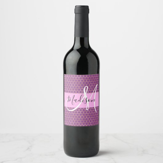 Glam Fuchsia Metallic Pink Honeycomb Monogram Naam Wijn Etiket (Voorkant)