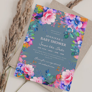 Glam Garden Floral Baby shower Save Date Dusty Blu Kaart