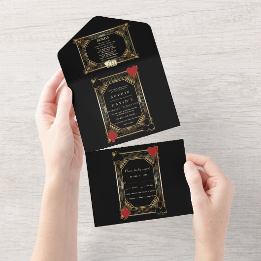 Glam Gatsby Art Deco Poker Casino Vegas Bruiloft All In One Uitnodiging (Afscheurbaar)