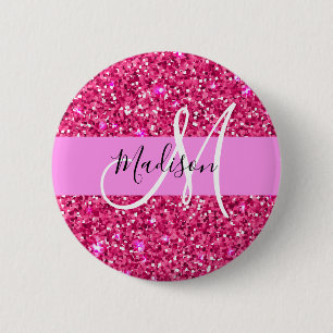 Glam Girly Hot Pink Glitter Sparkles Monogram Ronde Button 5,7 Cm