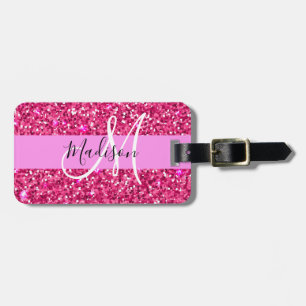 Glam Girly Hot Pink Glitter Sparkles Name Monogram Bagagelabel