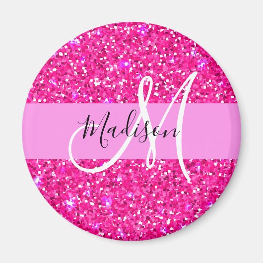 Glam Girly Hot Pink Glitter Sparkles Name Monogram Magneet (Voorkant)