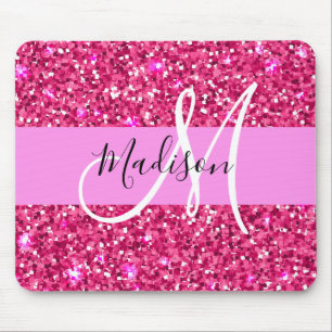 Glam Girly Hot Pink Glitter Sparkles Name Monogram Muismat