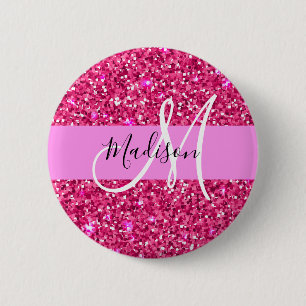 Glam Girly Hot Pink Glitter Sparkles Name Monogram Ronde Button 5,7 Cm