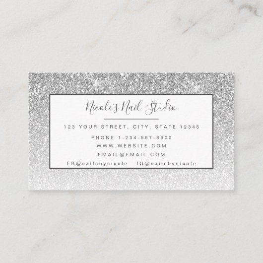 Glam Girly Silver Glitter Mani Pedi Nail Studio Visitekaartje (Achterkant)