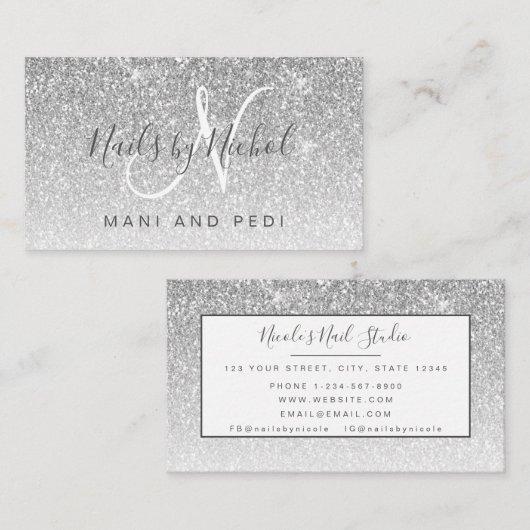 Glam Girly Silver Glitter Mani Pedi Nail Studio Visitekaartje (Voorkant / Achterkant)