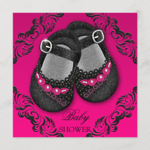 Glam Glitter Baby Shoes Hot Pink Black Baby shower Kaart