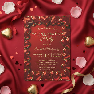 Glam Glitter Rood Goud Hartjes Valentijnsdag Feest Kaart