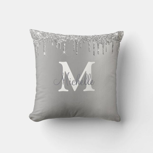 Glam & Glitter Silver gepersonaliseerd monogram Kussen (Voorkant)