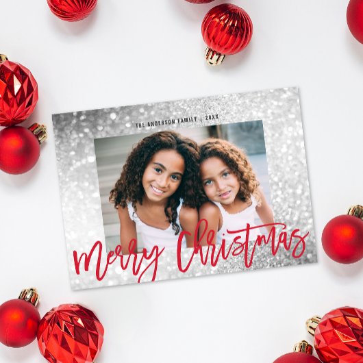 Glam Glitter Zilver Rood Script Kerstfoto Feestdagenkaart