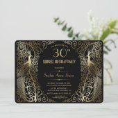 Glam Gold Art Deco Pauwen Verjaardagsfeest Uitnodi Kaart (Staand voorkant)
