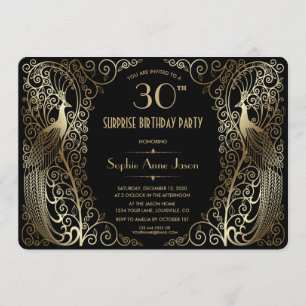 Glam Gold Art Deco Peacocks Birthday Party Invite Kaart