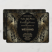 Glam Gold Art Deco Peacocks Faire-part de mariage (Devant / Derrière)