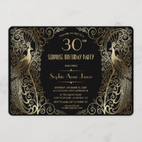 Glam Gold Art déco Peacocks Invitation de fête d'a
