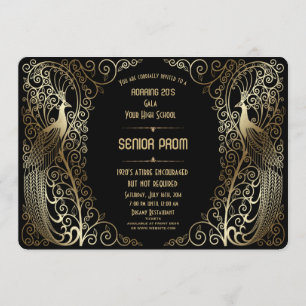 Glam Gold Art Deco Peacocks Senior Prom Invite Kaart