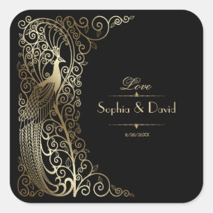 Glam Gold Art Deco Peacocks Wedding Vierkante Sticker