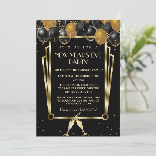 Glam Gold Black Balloons Nieuwjaarsfeest Kaart (Staand voorkant)