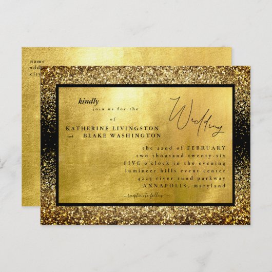 Glam Gold & Black budget Weddenschap Uitnodiging Briefkaart (Voorkant / Achterkant)