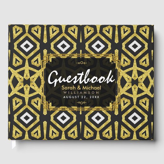 Glam Gold Black Geometry Pattern Weddenschap Gastenboek (Voorkant)