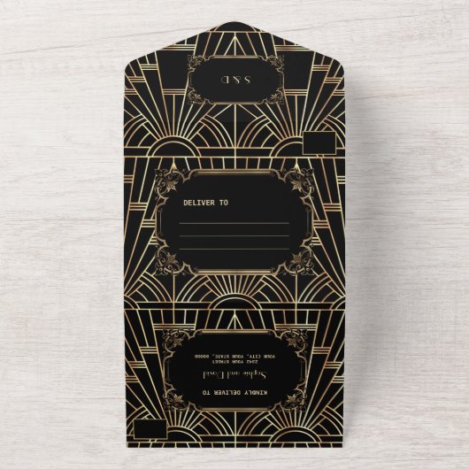 Glam Gold Black Great Gatsby Art Deco Wedding All In One Uitnodiging (Buitenkant)