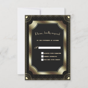 Glam Gold Black Great Gatsby Art Deco Wedding RSVP Kaartje