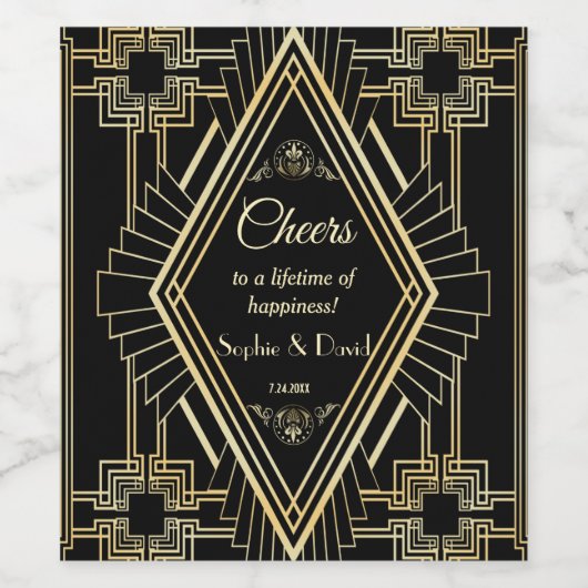 Glam Gold Black Great Gatsby Wedding Wijn Etiket (Enkel label)