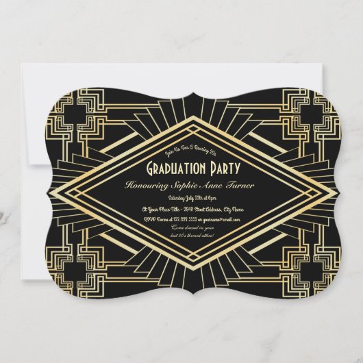 Glam Gold Black - Grote Gatsby Graduparty Kaart (Voorkant)
