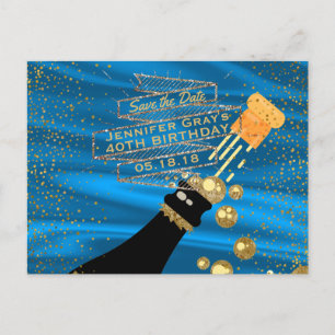 Glam Gold Blue Save the Date Champagne Birthday Aankondigingskaart