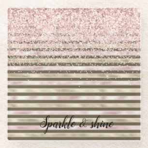 Glam Gold Blush Pink Brown Stripes Glitter Sparkle Glazen Onderzetter