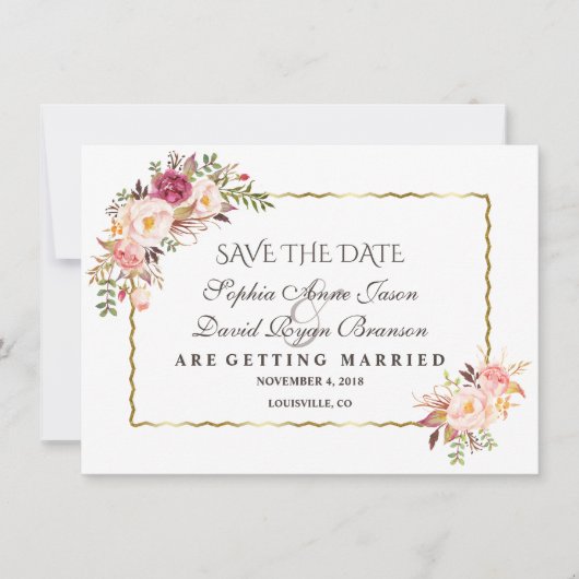 Glam Gold Blush Pink Floral Save the Date (Voorkant)