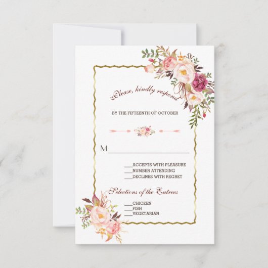 Glam Gold Blush rose rose Floral Mariage RSVP (Devant)