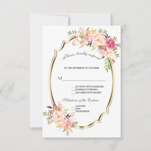 Glam Gold Blush rose rose Floral Mariage RSVP (Devant)