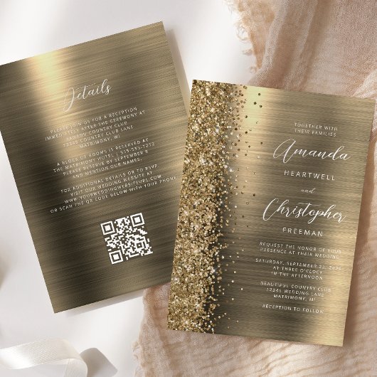 Glam Gold Brushed Metal QR Code Wedding Kaart