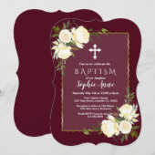 Glam Gold Burgundy Blanc Floral Baptism Invitation (Devant / Derrière)