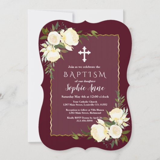Glam Gold Burgundy Blanc Floral Baptism Invitation (Devant)