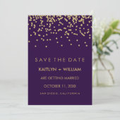 Glam Gold Confetti en diep Paars Opslaan Datum Save The Date (Staand voorkant)