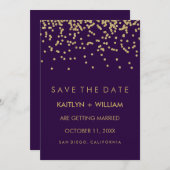 Glam Gold Confetti en diep Paars Opslaan Datum Save The Date (Voorkant / Achterkant)