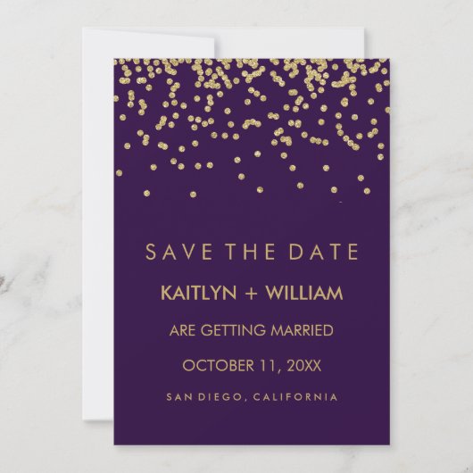 Glam Gold Confetti et Deep Purple Save the Date (Devant)